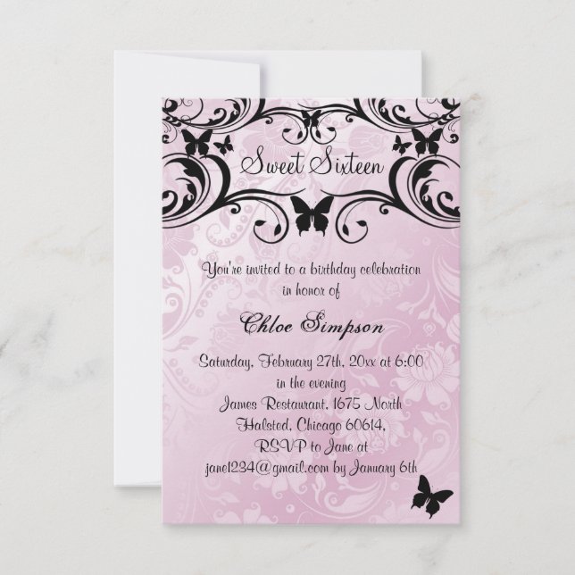 Convite Pink & Black Butterfly & Flower Sweet16 (Frente)