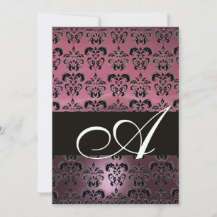 Convite PINK BLACK DAMASK MONOGRAM, branco brilhante