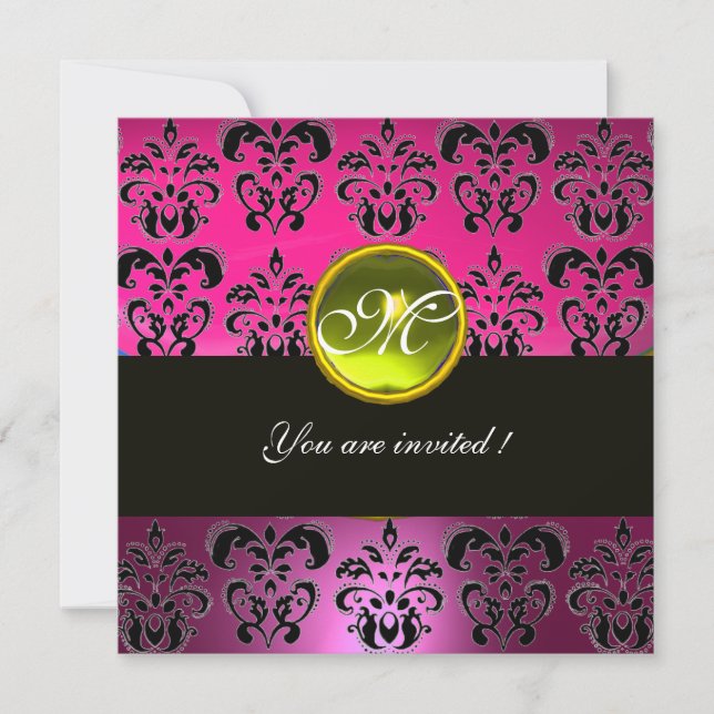 Convite PINK BLACK DAMASK MONOGRAM, topaz amarela (Frente)
