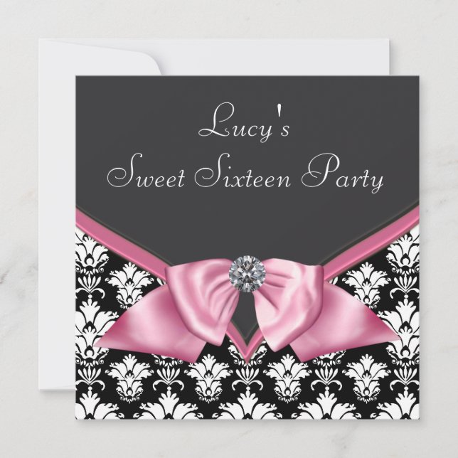 Convite Pink Black Damask Sweet 16 Party (Frente)