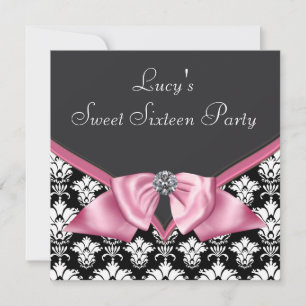Convite Pink Black Damask Sweet 16 Party