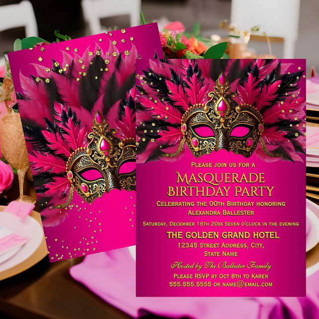 Convite Pink Black Gold Masks Masquerade Birthday Party (Criador carregado)