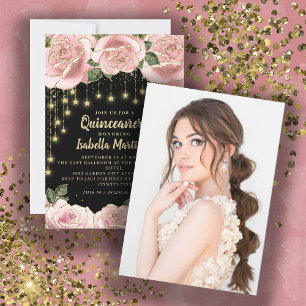 Convite Pink Black Gold String Light Star Quinceañera
