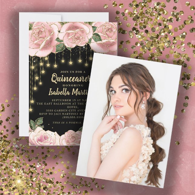 Convite Pink Black Gold String Light Star Quinceañera    (Criador carregado)