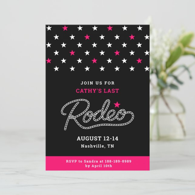 Convite Pink Black Her Last Rodeo Bachelorette Party (Em pé/Frente)