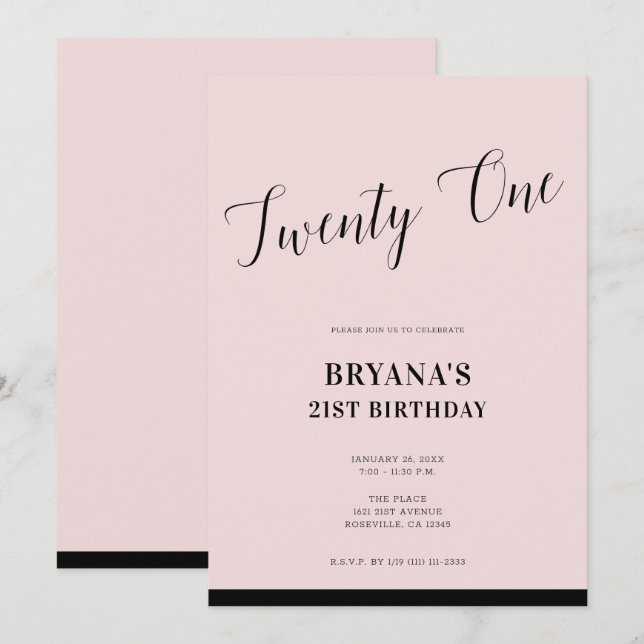 Convite Pink & Black Modern Minimal Script 21 Vinte e Um (Frente/Verso)