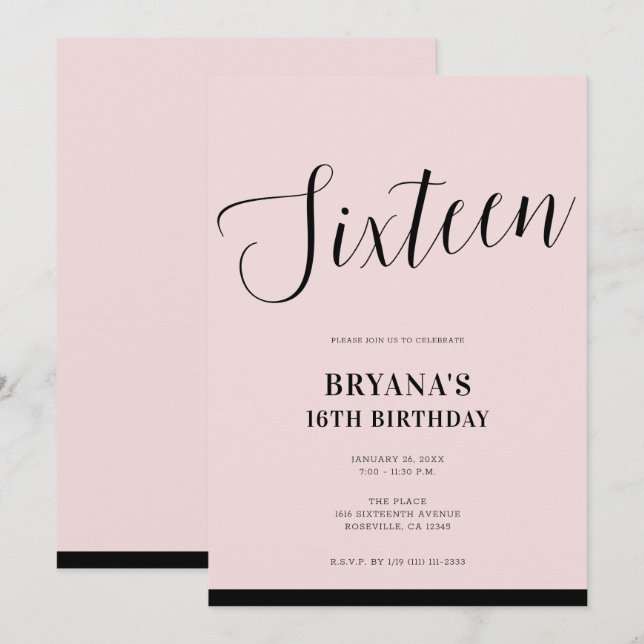 Convite Pink & Black Modern Minimal Script Sweet 16  (Frente/Verso)