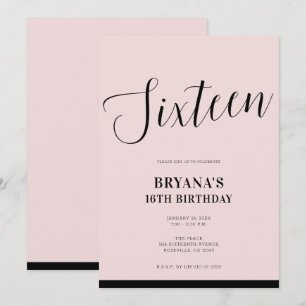 Convite Pink & Black Modern Minimal Script Sweet 16 