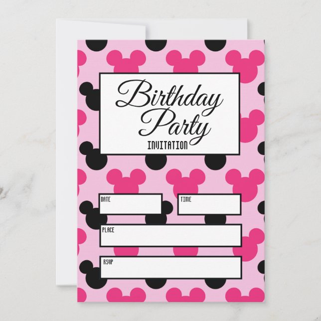 Convite Pink & Black Mouse Ears Invitation (Frente)