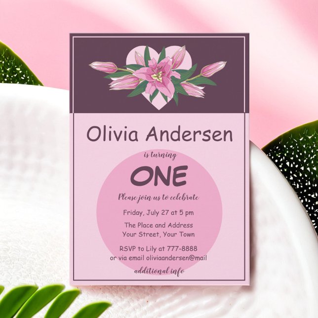 Convite Pink Blooming Lily Sweet Heart Aniversário (Pink Blooming Lily Sweet Heart Birthday Invitation)
