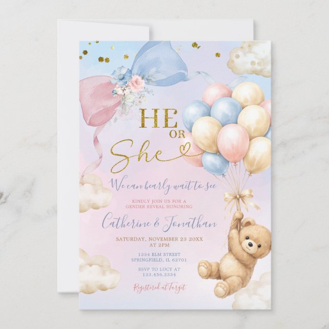 Convite Pink & Blue Balloon He Or She Bear Gender Reveal (Frente)