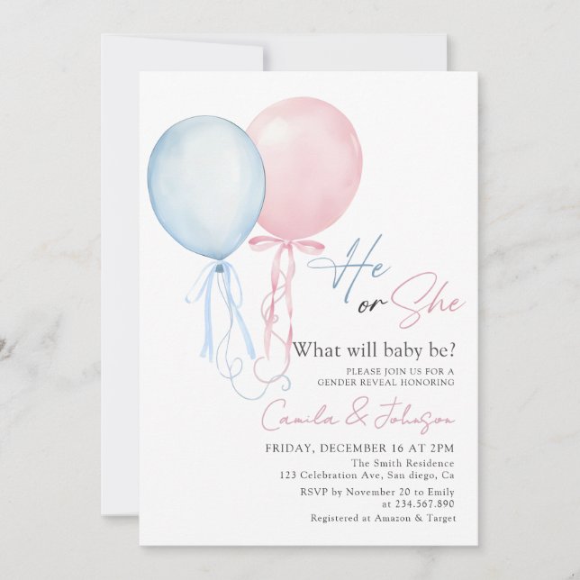 Convite Pink Blue Balloons Gender Reveal Invitation (Frente)