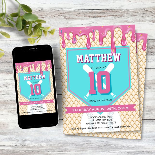 Convite Pink Blue Baseball Drip Birthday Party Any Age (Baseball Drip Birthday Party Invitation)
