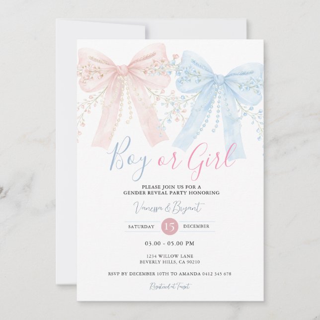 Convite Pink & Blue Bow Watercolor Reveal Party (Frente)