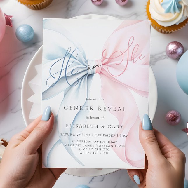 Convite Pink & Blue Bows Gender Reveal Invitation (Criador carregado)