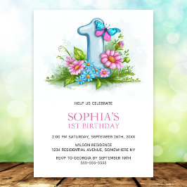Convite Pink Blue Butterfly Floral 1st Birthday Party