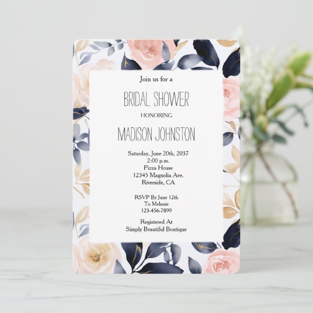 Convite Pink Blue Cream Floral Bridal Shower (Em pé/Frente)