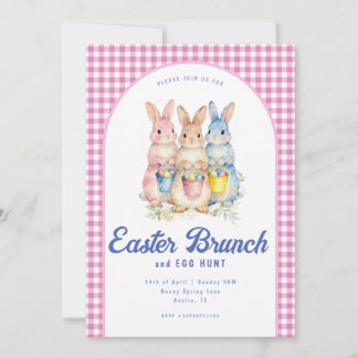 Convite Pink Blue Floral Bunny Watercolor Gingham Easter