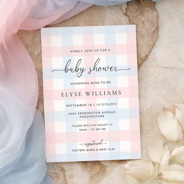 Convite Pink Blue Gingham Baby Shower Invitation (Criador carregado)