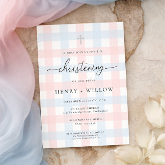 Convite Pink Blue Gingham Christening