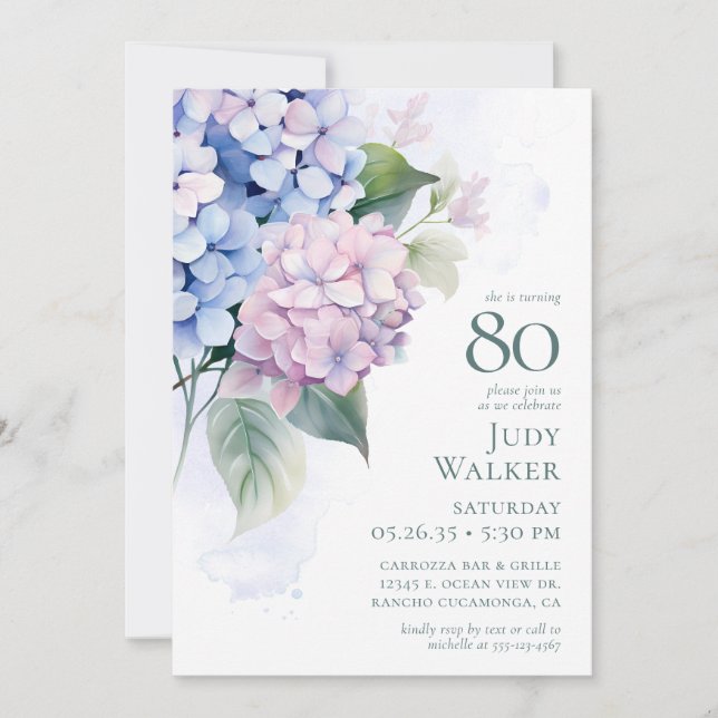 Convite  Pink Blue Hydrangeas 80th Birthday Card Request  (Frente)