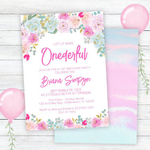 Convite Pink Blue Peach Floral Onederful Aniversário