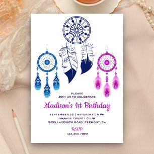 Convite Pink Blue Tribal Boho Dream Catcher Festa de Anive