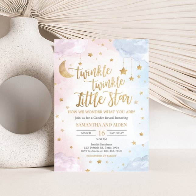 Convite Pink Blue Twinkle Little Star Gender Reveal (Twinkle Little Star Gender Reveal Invitation)