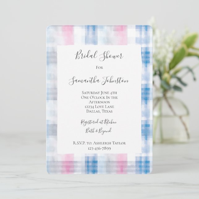 Convite Pink Blue White Plaid Stripes Bridal Shower (Em pé/Frente)