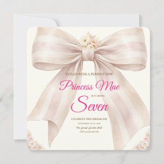 Convite Pink Blush Bow Princess Ribbon Birthday Invitation