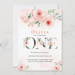 Convite Pink Blush Floral Primeiro Aniversário Gril