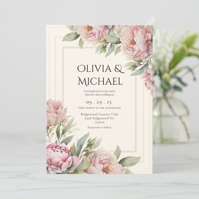 Convite Pink Blush Peonies Floral Elegant Wedding (Em pé/Frente)