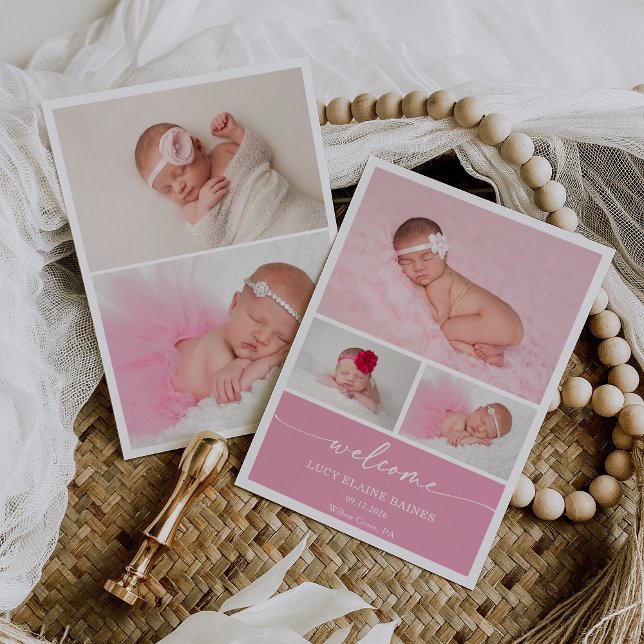 Convite Pink Blush Welcome Baby Photo Announcement Card (Criador carregado)