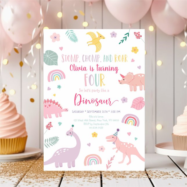 Convite Pink Boho Dinossaur Quarto Aniversário (Criador carregado)