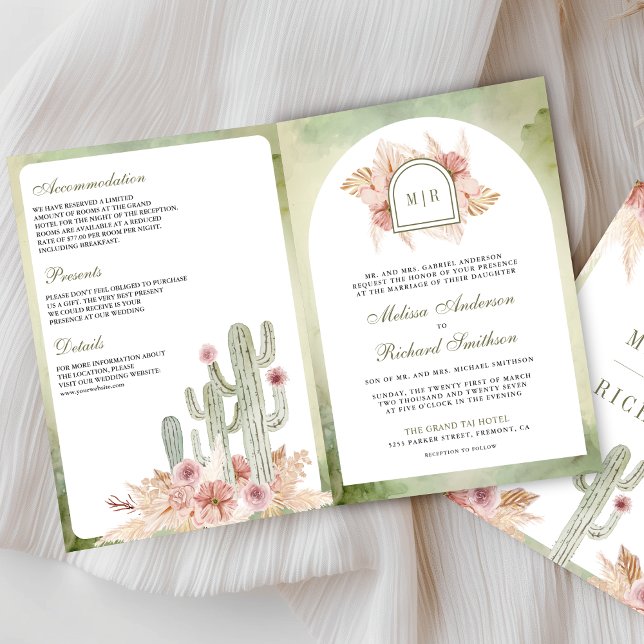 Convite Pink Boho Floral Pampas Cactus QR Code Wedding (Criador carregado)