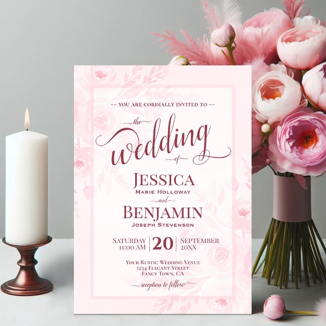 Convite Pink Boho Floral Watercolor Stylish Script Wedding (Criador carregado)
