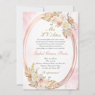 Convite Pink boho Quinceanera invitation in Spanish