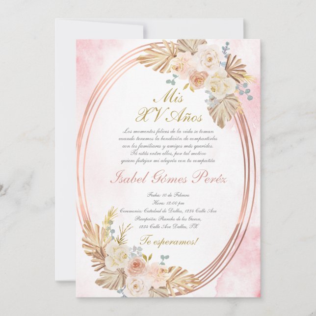 Convite Pink boho Quinceanera invitation in Spanish (Frente)