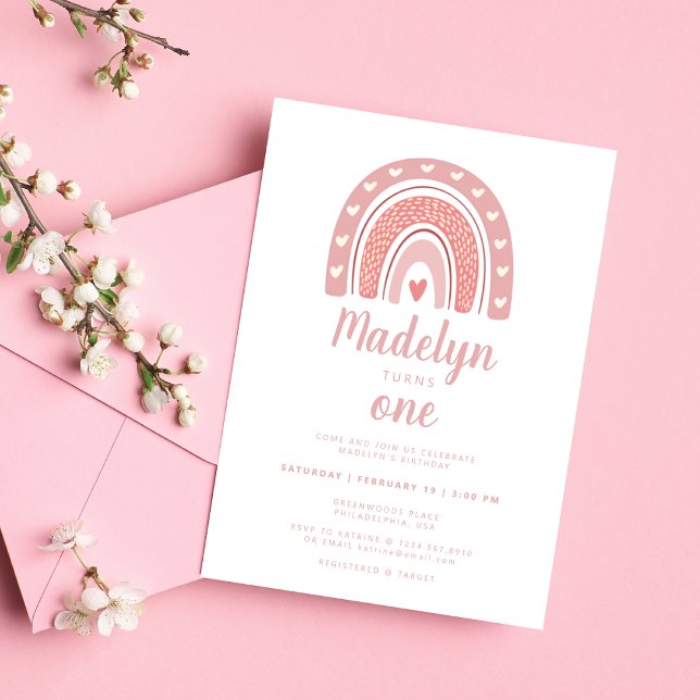 Convite Pink Boho Rainbow Padrão Primeiro Aniversário (Criador carregado)