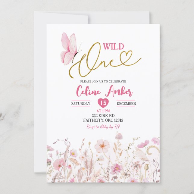 Convite Pink Boho Wildflower Butterfly First Birthday (Frente)