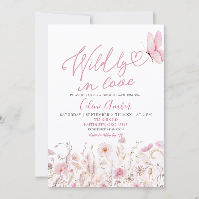 Convite Pink Boho Wildflower Wildly in Love Bridal Shower (Frente)