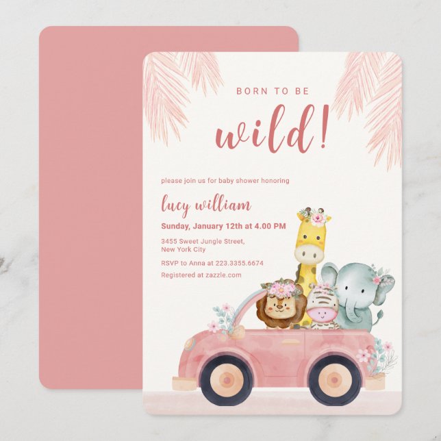 Convite Pink Born To Be Wild Safari Animals Baby Shower (Frente/Verso)