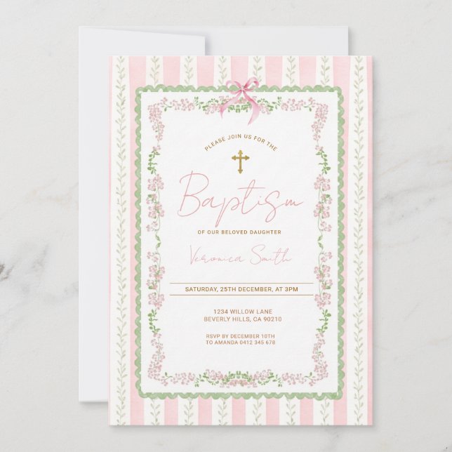 Convite Pink Botanical Baptism Girl Christening Invitation (Frente)