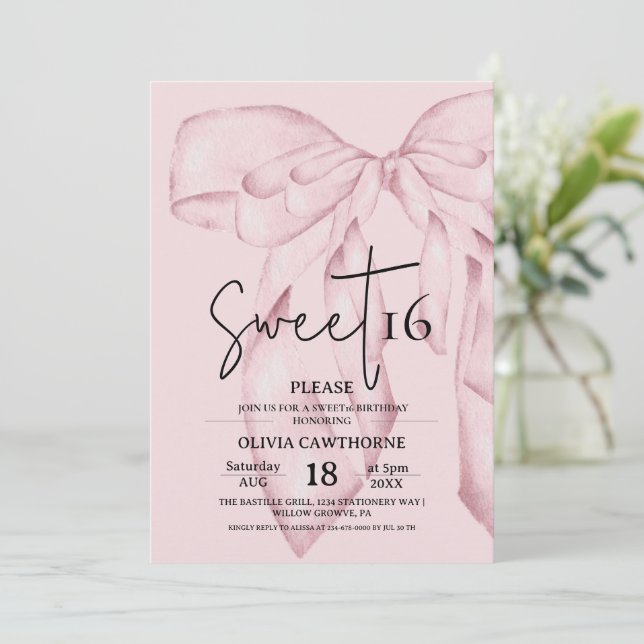Convite Pink Bow 16th Birthday ⎮Modern Elegant Sweet 16 (Em pé/Frente)