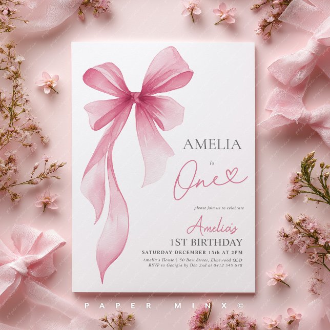 Convite Pink Bow 1st Birthday Girl Coquette  (1st Birthday invite | Girls pink bow invitation)