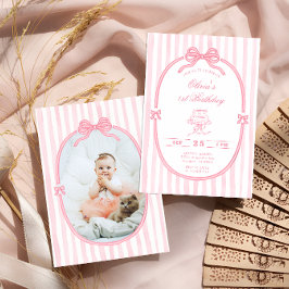 Convite Pink Bow 1st Birthday Girl Photo Invitation