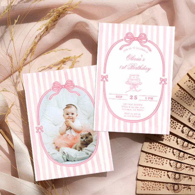 Convite Pink Bow 1st Birthday Girl Photo Invitation (Criador carregado)