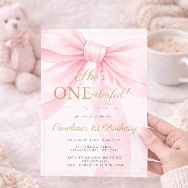 Convite 🎀 Pink Bow 1st Birthday Invitation 💕 (Criador carregado)