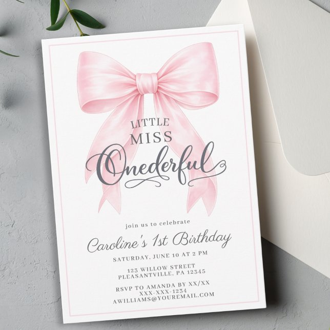 Convite 🎀 Pink Bow 1st Birthday Invitation 💕 (Criador carregado)