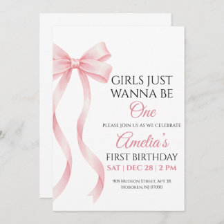 Convite Pink Bow 1st Birthday Invitation for Baby Girl